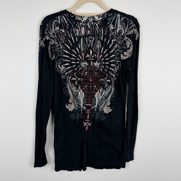 Affliction Black Long Sleeve V-Neck Cross Graphic Y2K Gothic Rock Biker Top Sz L - Picture 2 of 7
